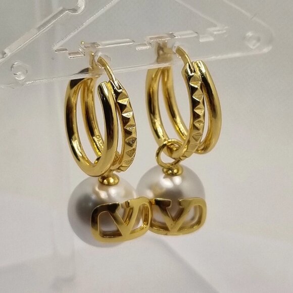 Valentino VLogo Signature Metal Earrings with Crystal Pearls - Picture 1 of 15